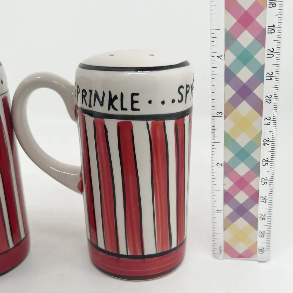 Red and White Striped Ceramic Salt & Pepper Shakers Set Shake & Sprinkle